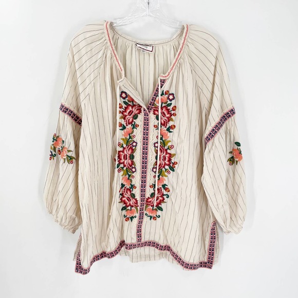 Johnny Was Juliene Embroidered Stripe Peasant Top Beige - Picture 2 of 9